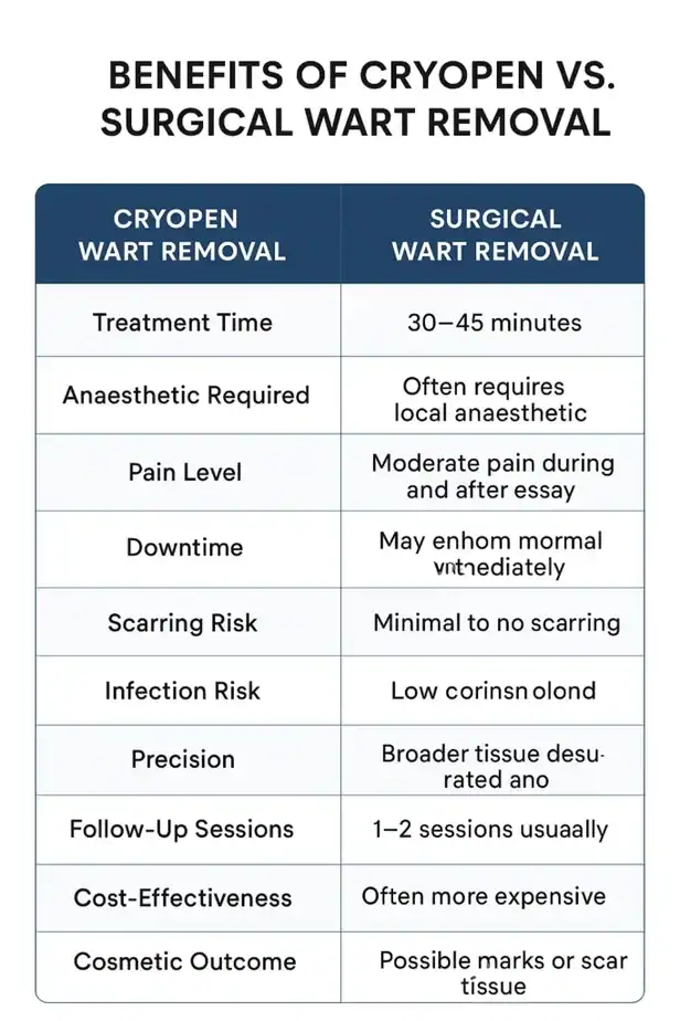 Table showing the benefits of cryopen to remove warts Biggleswade compared to surgical treatment